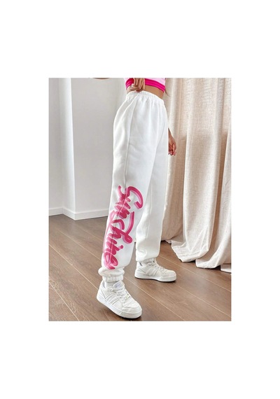 Tarzsokak Qutie Letter Graphic Elastic Waist 4 Mevsim Eşofman Beyaz