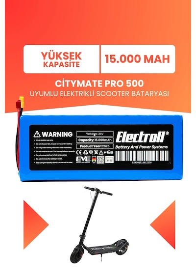 Citymate Pro 500 Uyumlu Batarya Yüksek Kapasite Batarya 36v 15ah Elektrikli Scooter Bataryası Çok Renkli