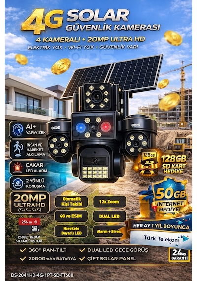4 Lens 20mp 4g Güneş Enerjili Güvenlik Kamerası Sim Kartlı 128gb Sd Kart Ve 600gb İnternet