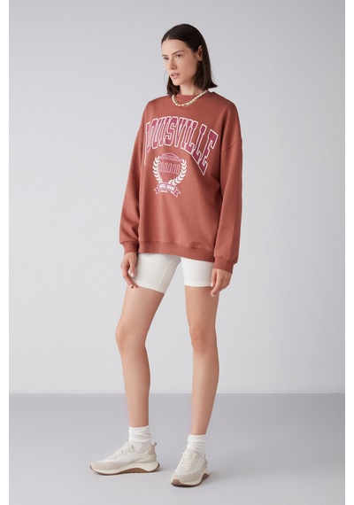 ETHIQUET RA ONA Kadın Oversize Yumuşacık İçi Polarlı Organik Pamuklu Baskılı Yuvarlak Yakalı Kiremit Rengi Sweatshirt
