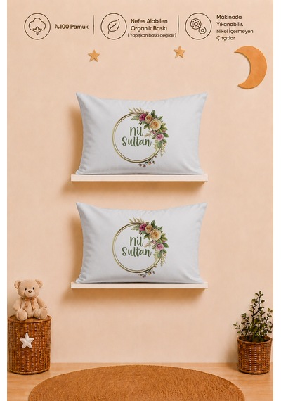 İsimli Kız Bebek Hediye Seti 2 Adet 35x45 %100 Pamuk Yastık Kılıfı Ve Ham Bez Kıyafet Kesesi 1094y2kyx