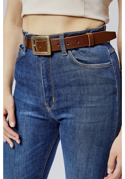 %100 Hakiki Deri Antik Sarı Tokalı Kadın Kemeri 3cm Açık Kahverengi