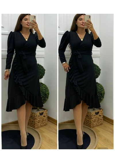 Nnstartshopping Krep Kumaş Midi Boy Kuşaklı Uzunkol Elbise 113 Cm Siyah