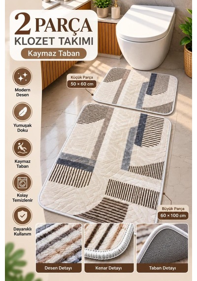 Slc Home Lüx Banyo Seti / Klozet Takımı Kaydırmaz Taban 2 Parça 50cmx60cm Ve 60cmx100cm Makinada Yıkanabilir Krem - Mavi - 939960422 Krem - Mavi