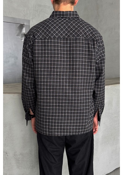 Erkek Oversize Kesim Kareli Gömlek Siyah