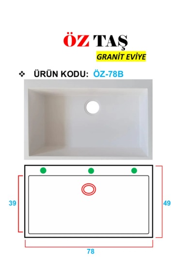 Öztaş ÖZ-78b Granit Mutfak Eviye Beyaz Tek Gözlü 50 x 78 CM