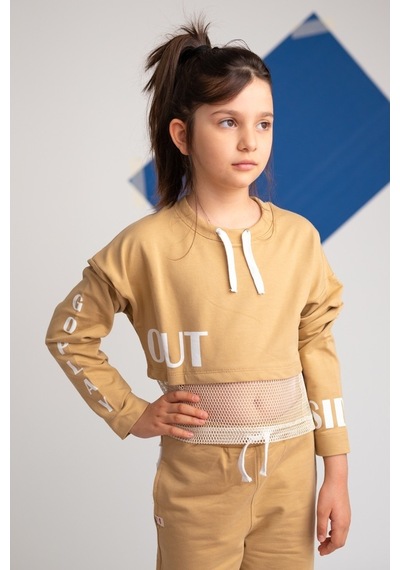 Zeyland Kız Çocuk Go Play Fileli Crop Bej Sweatshirt (4-12Yaş)