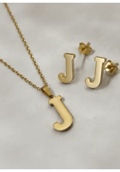 Lunarie J Harfi 14k Gold Çelik Harf Kolye Küpe Takı Seti Altın