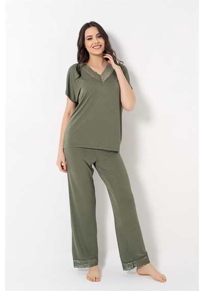 Monamise Kısa Kollu V Yakalı Dantelli Pijama Takımı Haki