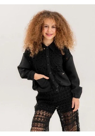 Zekids Kız Çocuk Dantelli Motifli Brode Bomber Ceket-13933 Siyah