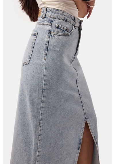 Itsbasic Kadın Snow Kot Rengi Derin Yırtmaçlı Yüksek Bel Uzun Denim Etek