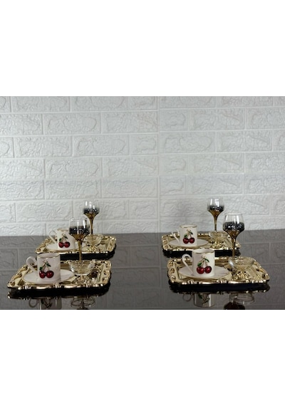 6 Adet Sunum Tepsisi & Kahve & Çay Tepsisi- Gold Tepsi Döküm Gold Gül Çerçeveli Gümüş