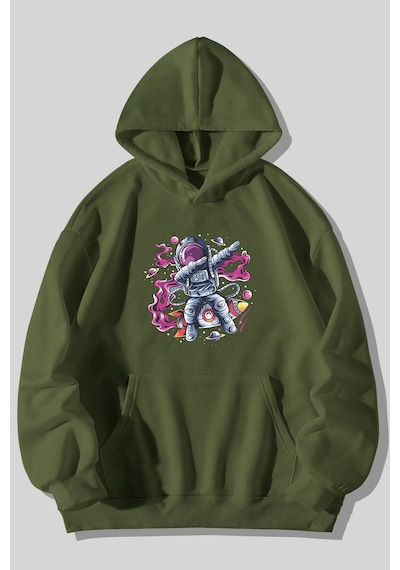 Harmandar Üç İplik Astronot Baskılı Unisex Çimen Kanguru Cepli Kapüşonlu Sweatshirt Hoodie Çimen