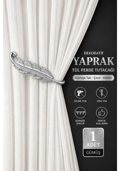 Dekoratif Yaprak Tül Perde Tutacağı Kornişe Takılan Hayalet Kol Bağı Delme Vida Yok 1 Adet Gümüş