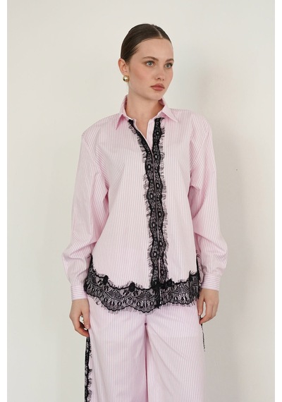 Verymoda Dantel Detaylı Çizgili Gömlek - F2082 Pembe