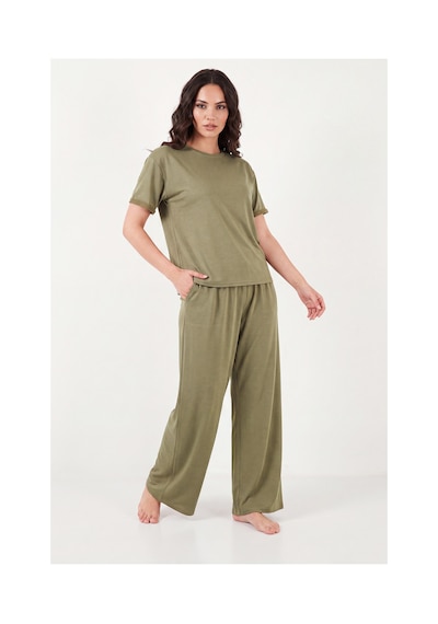 Lela Yumuşak Dokulu Bisiklet Yaka Lastikli Bel Kısa Kollu Pijama Takımı Bayan Pijama Takımı 65720102 Haki