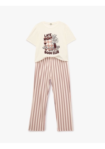 Koton Rahat Kesim Bisiklet Yaka Kısa Kollu Çizgili Pijama Takımı Ekru Desenli 7wlk40295mk