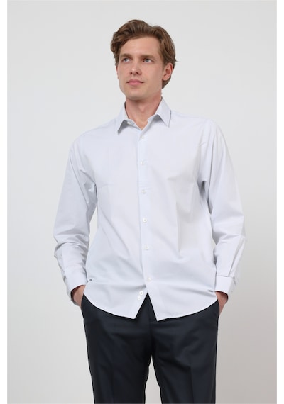 İmza Beyaz - Mavi Sert Yaka Uzun Kol Cepsiz Slim Fit Pamuklu Gömlek 1004260210