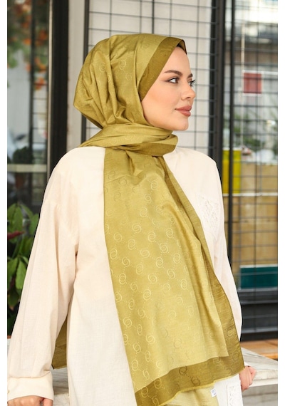 Premium Lux Original Monogram Şal İpek Vual, Yüksek Kalite, Hafif, Rahat, Şık, Tesettür, Shawl Yağ Yeşili