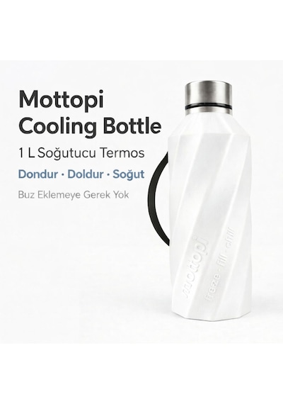 Mottopi Soğutucu Saplı Termos 1 L Cooling Bottle Dondur Doldur Soğut, Buzsuz Soğuk Su Termosu, Soğutucu Şişe, Taşınabilir Sıvı Soğutucu Beyaz