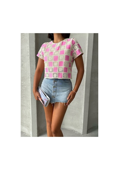 Verymoda Kısa Kollu Dama Desen Tiğişi Bluz D2619 Ham Pembe