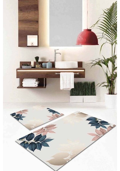 Pudra Yapraklı Desen Banyo Halısı Klozet Paspas Seti Bs052n11
