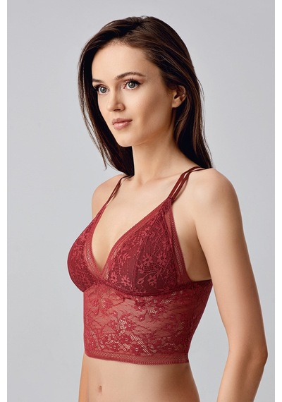 New Bra Çiçek Motifli Uzun Dantel Crop Bralet Bordo 8329
