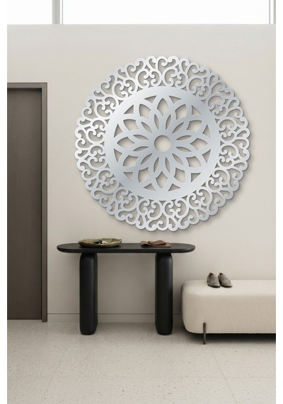 Lotus Mandala Metal Duvar Tablosu - Duvar Sanatı - Duvar Dekoru - Gümüş