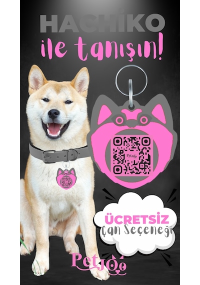 Petjoo 19.Hachiko Pembe-Gri Qr'lı Köpek Künyesi