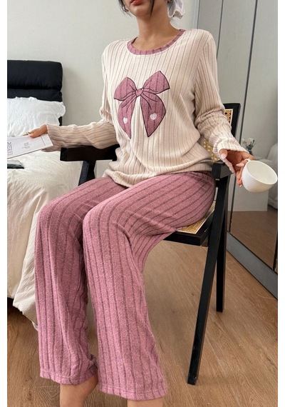 Bella Notte Pembe Nakışlı Pembe Uzun Kollu Pijama Takımı