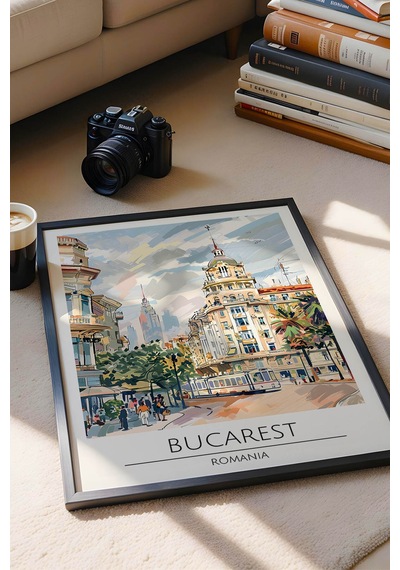 Romanya Bükreş Temalı Çerçeveli Tablo Travel Serisi Modern İllüstrasyon Şehir Duvar Dekoru Siyah