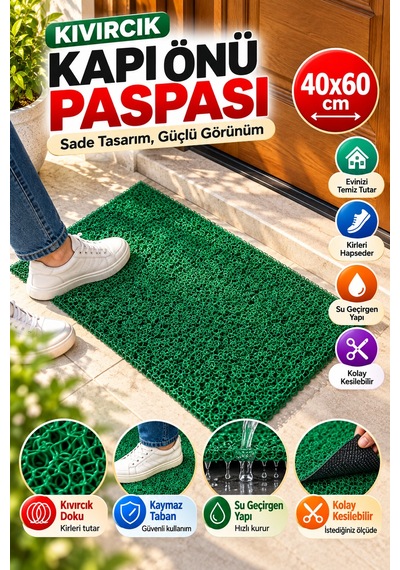 Yeşil Düz Kıvırcık Kapı Önü Paspası 40x60 Cm Kaymaz Taban Dış Kapı Giriş Paspası Pvc