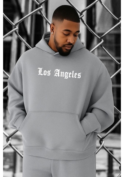 Benroma 3 İplik Penye Los Angeles Baskılı Büyük Beden Sweatshırt Gri