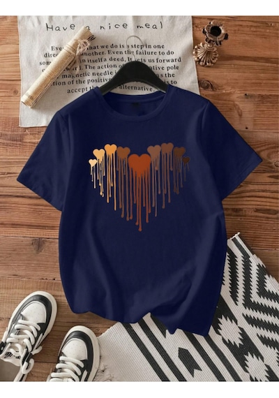 Unisex Pamuklu Eriyen Kalpler Baskılı Tasarım T-shirt Lacivert
