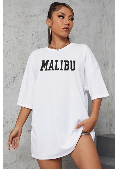 Unisex Malibu Baskılı Tasarım Tshirt Beyaz