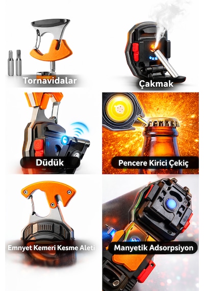 Çok Fonksiyonlu Şarjlı Led El Feneri Acil Durum Kurtarma Aracı Usb Şarjlı Emniyet Kemeri Kesici Cam Kırıcı Çakmaklı