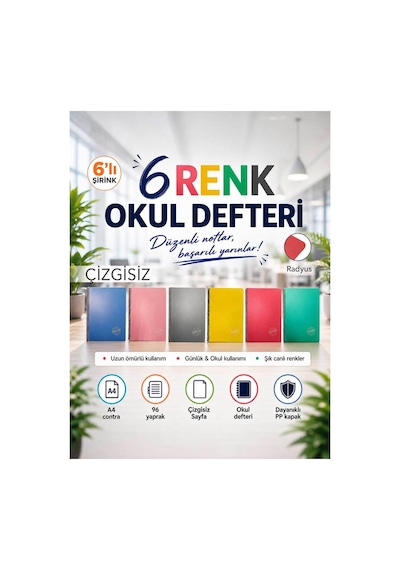 Contra Pp Kapak Spiralli 96 Yaprak A4 Çizgisiz 6 Adet Defter Çok Renkli