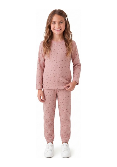 Onloox Kız Çocuk Gülkurusu Kız Çocuk Gülkurusu Müslin Pamuklu Bisiklet Yaka Uzun Kollu Regular Çiçekli Pijama Takımı 4-8 Yaş