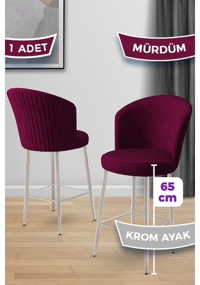 Canisa Alte Serisi 1 Adet Babyface Kumaş 65 Cm Krom Kaplama Ayaklı Mürdüm Bar Sandalyesi Mürdüm Sandalye Krom Kaplama Ayak