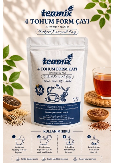 4 Tohum Form Çayı Kinoa Chia Teff Grecka Bitkisel Karışımlı Çay 20 Süzen Doypack Ambalaj
