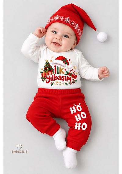 Babyden's Bebek Yılbaşı Takımı İlk Yılbaşım Baskılı Noel Kıyafeti %100 Pamuk 3'lü Body Pantolon Noel Şapkası Yılbaşı Kostüm Kırmızı - Beyaz