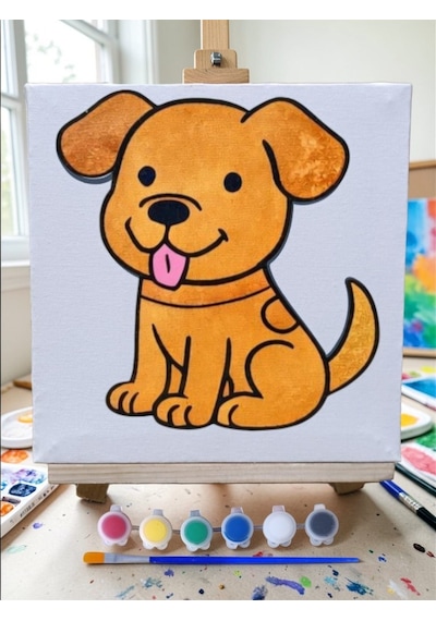 Çocuklar İçin Tuval Boyama Seti Sevimli Köpek 19x19 Cm Tuval, Şövale, Fırça Ve 6 Renk Akrilik Boya Seti
