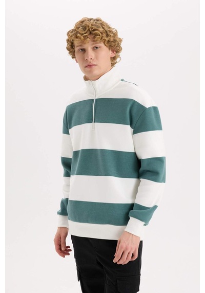 DeFacto Boxy Fit Dik Yaka Yarım Fermuarlı Çizgili Sweatshirt C7045AX24AUGN469 Yeşil