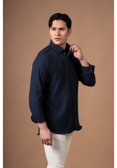 Alenmeza Slimfit Yaka Düğmeli Likralı Esnek Kumaş Çizgili Yazlık Gömlek Lacivert