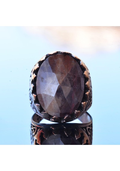 Gerçek Doğal Safir Oval Taş Yüzük - Gümüş Erkek Yüzüğü Gümüş
