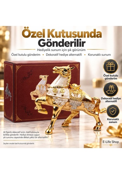 Lüks Alaşım Metal At Figürlü Kapaklı Dekoratif Küllük Ve Takı Saklama Kutusu Metal Biblo 25 X 20 Cm