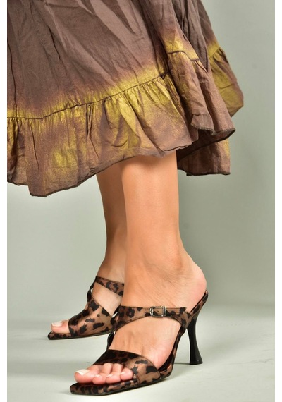 Fox Shoes U590034404 Siyah/leopar Kumaş Topuklu Kadın Terlik Siyah - Kahverengi