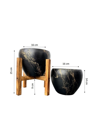 BİTKİ TASARIMI EV DEKORASYON SİYAH ÜZERİ GOLD MERMER EFEKTLİ TOPRAK SAKSI SAKSILIK SALON ÇİÇEKLİK İKİLİ SET AYAKSIZ - 4 AYAKLI- 15 CM