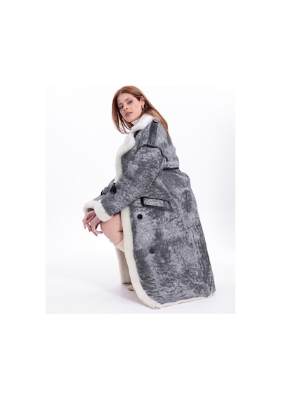 M M Marki Marki Kadın Hakiki Deri Uzun Palto Gri Eskitme Oversize Kruvaze Düğmeli İçi Kürklü 115 Cm - 119522 Gri Vintage