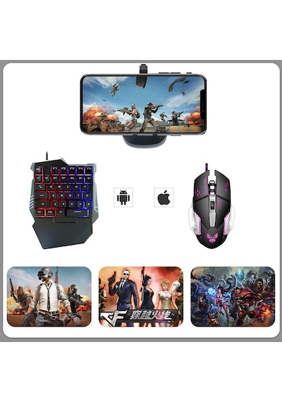 G508 Mobil Oyun Kablolu Klavye Mouse Kombo Paket Seti Pubg Dönüştürücülü Tek El Kullanım Gaming Oyuncu Rgb Led Işıklı Optik